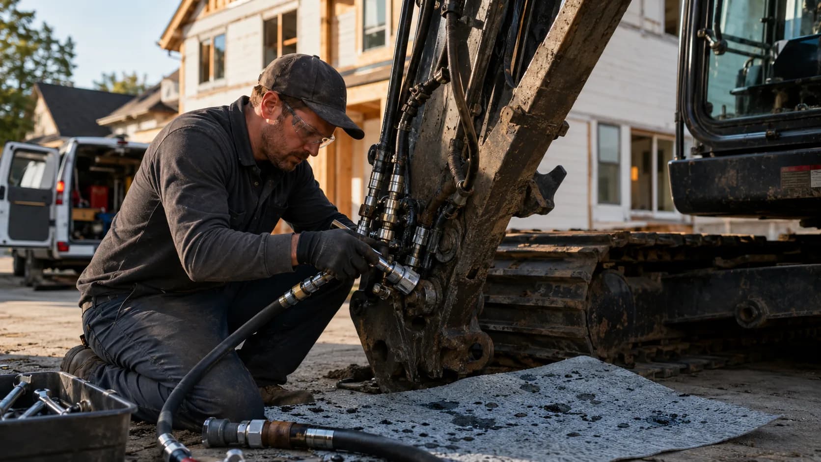 A mobile hose fitter crimping a hose beside a stopped machine in the US