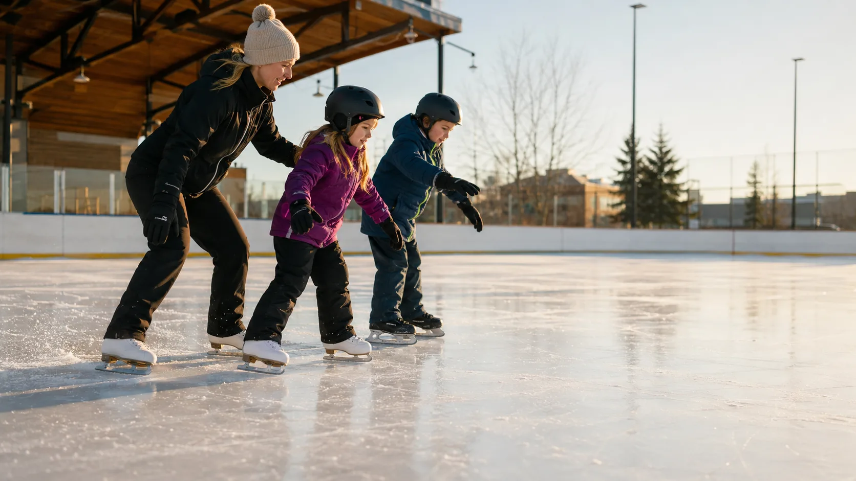 Skaters circle an indoor rink at a US ice arena with boards and bright lights
