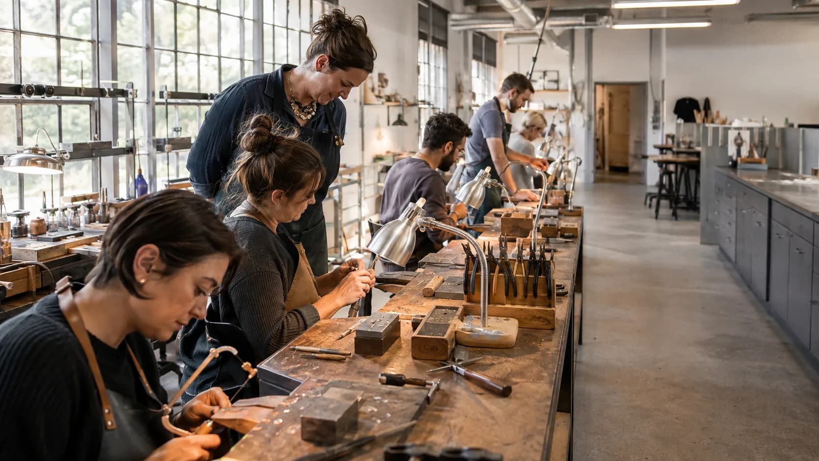 A tutor showing two makers how to solder silver at a bench in a US studio