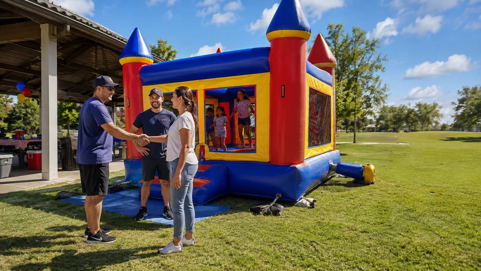 Operator handing over a bounce house at a backyard party in the US