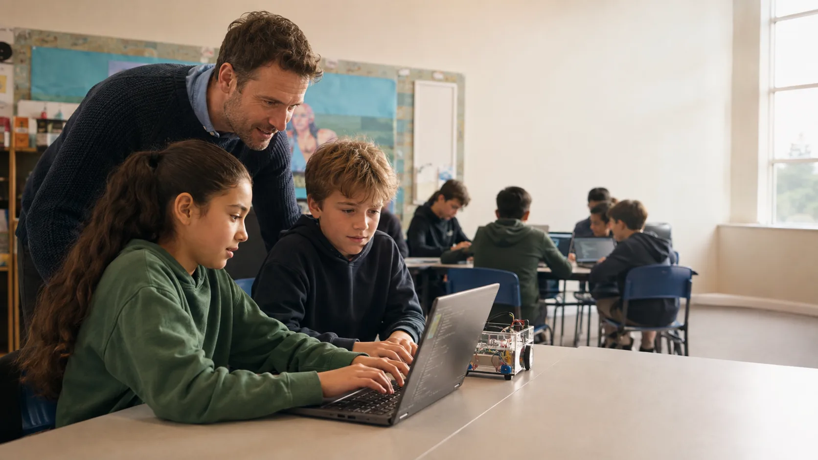 Instructor helping kids build a coding project in a technology lab in the US