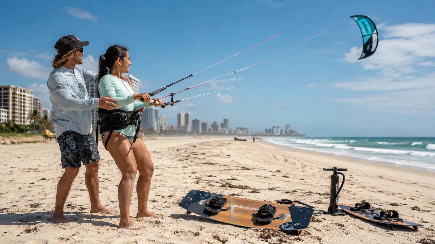 For kitesurf lessons, a beginner handles a trainer kite during a beach lesson in the US