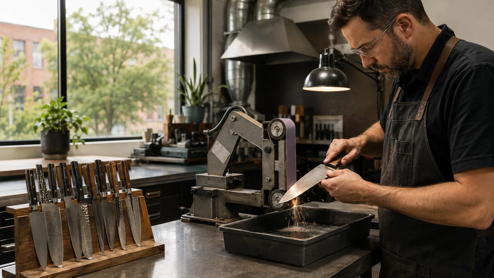 A mobile sharpener working a kitchen's knives on a bench in the US