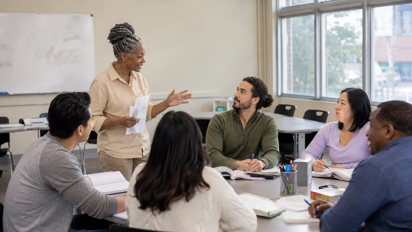 Instructor leading a diverse language class at a school in the US