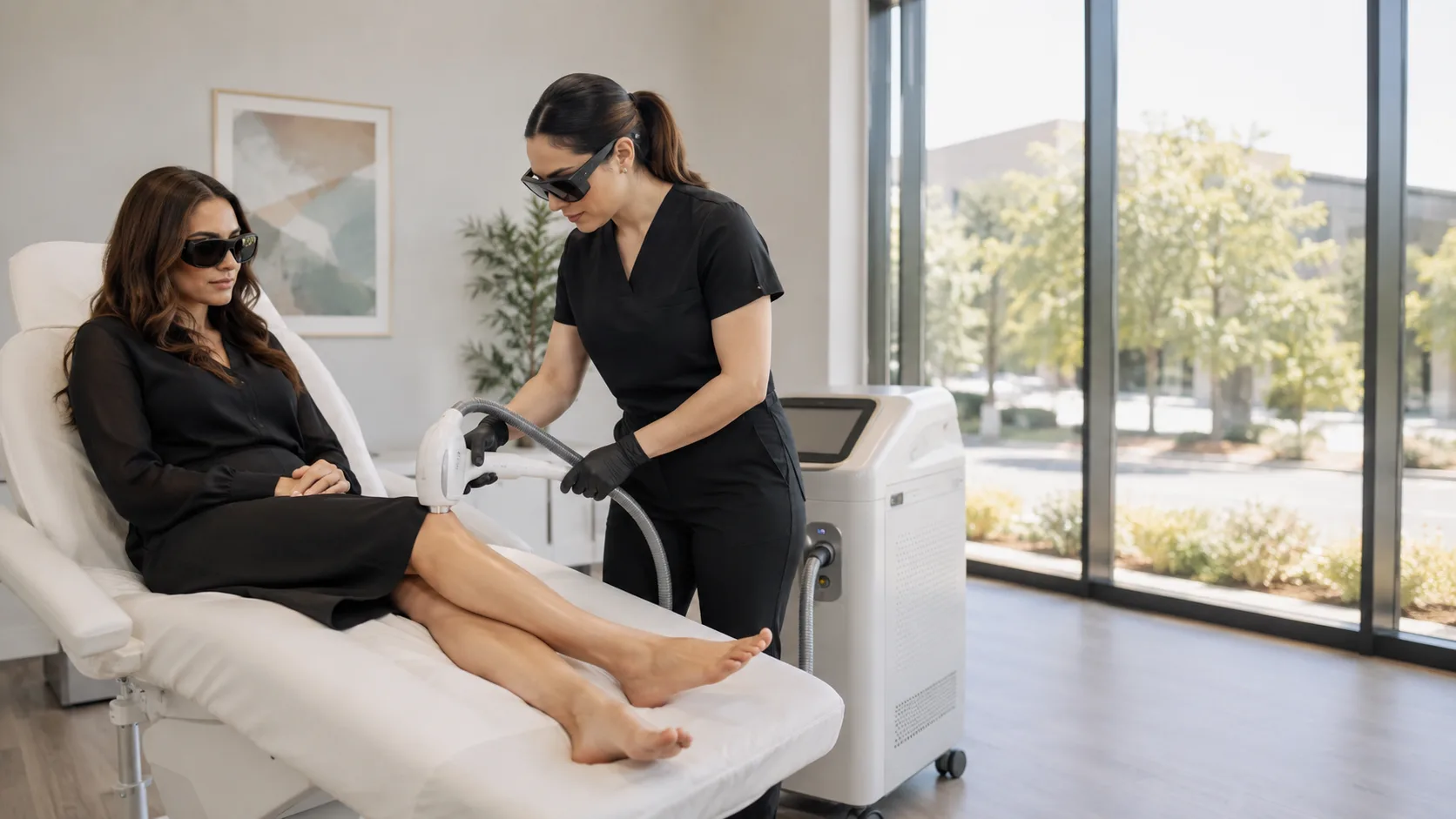 Laser technician treating a client’s lower leg inside a commercial studio in the US