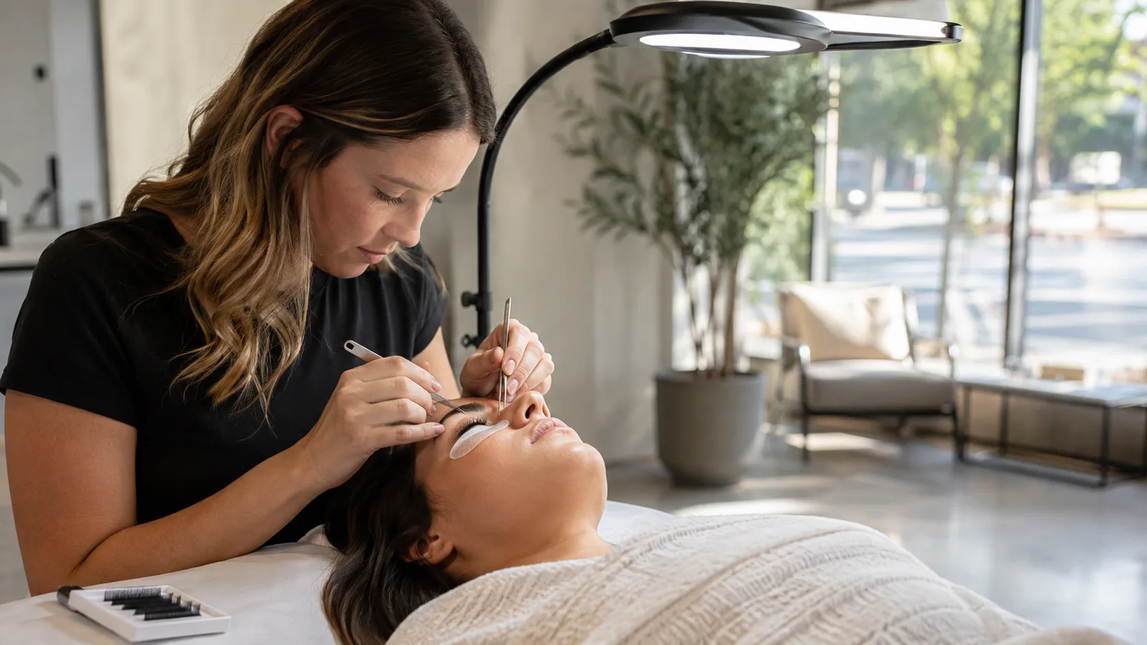Lash artist applying extensions for a client inside a commercial studio in the US