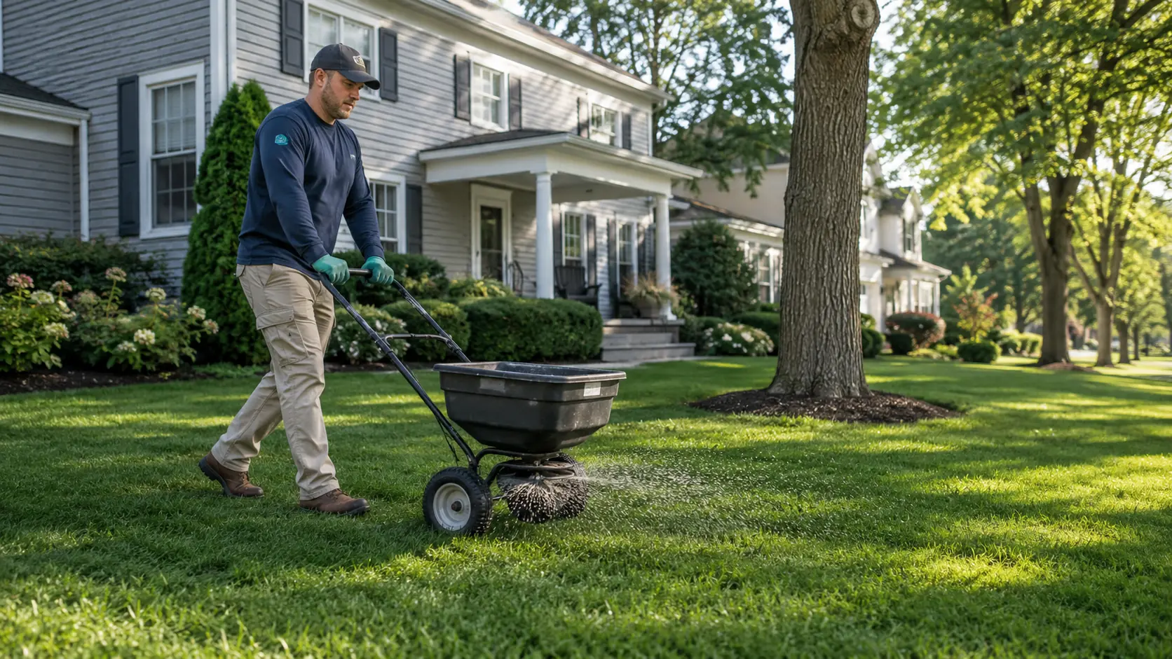 A technician walks a spreader across a front lawn outside a white clapboard American home