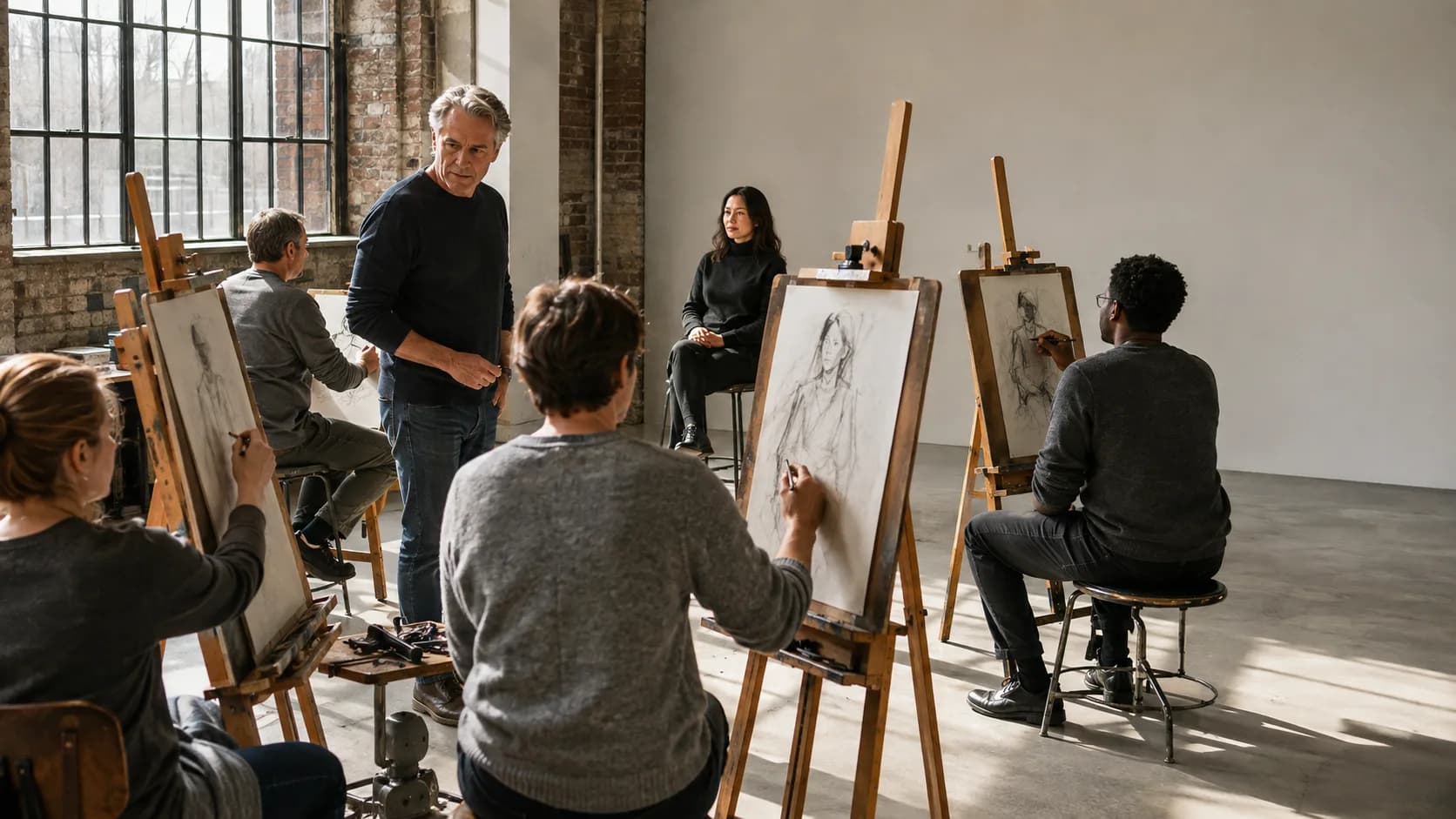 Figure-drawing students working at easels in an art studio in the US