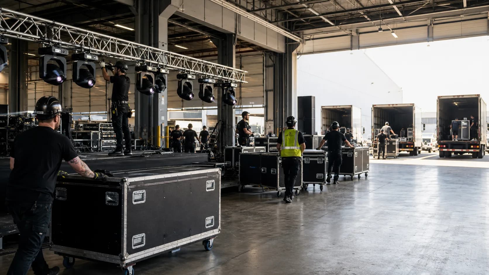 Customers pick up reserved lighting and staging gear from a busy counter in the US