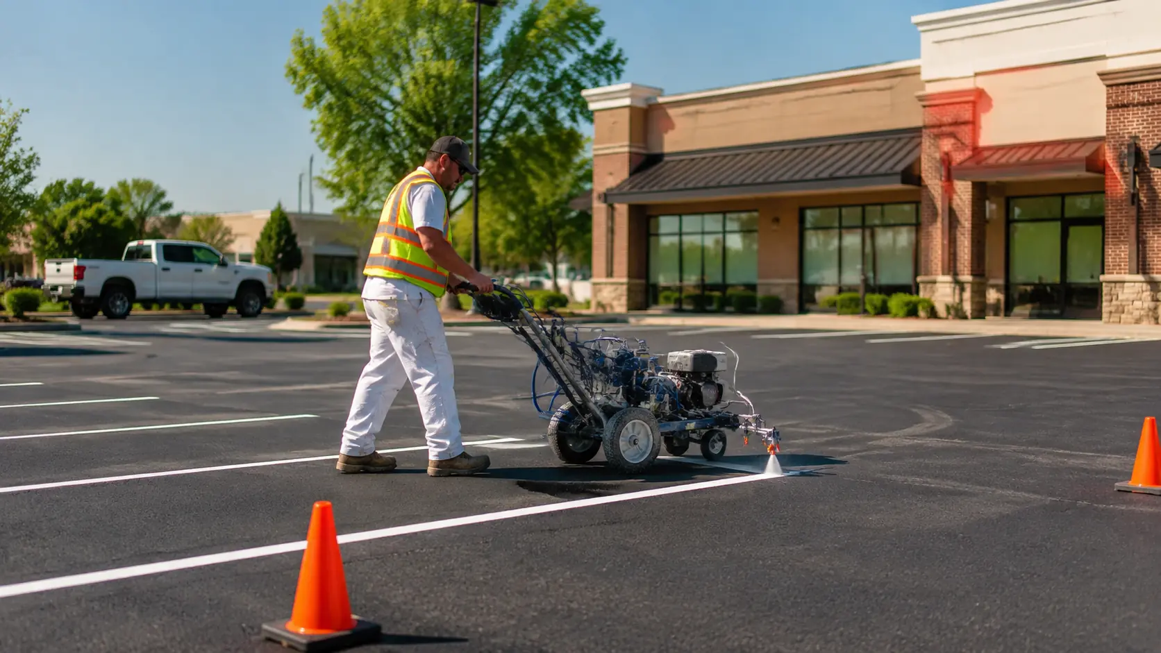 A worker repaints parking bay lines outside an American retail block