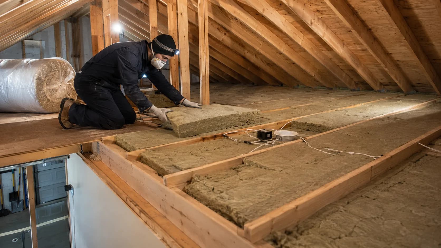 An insulation installer working in a roof space in the US