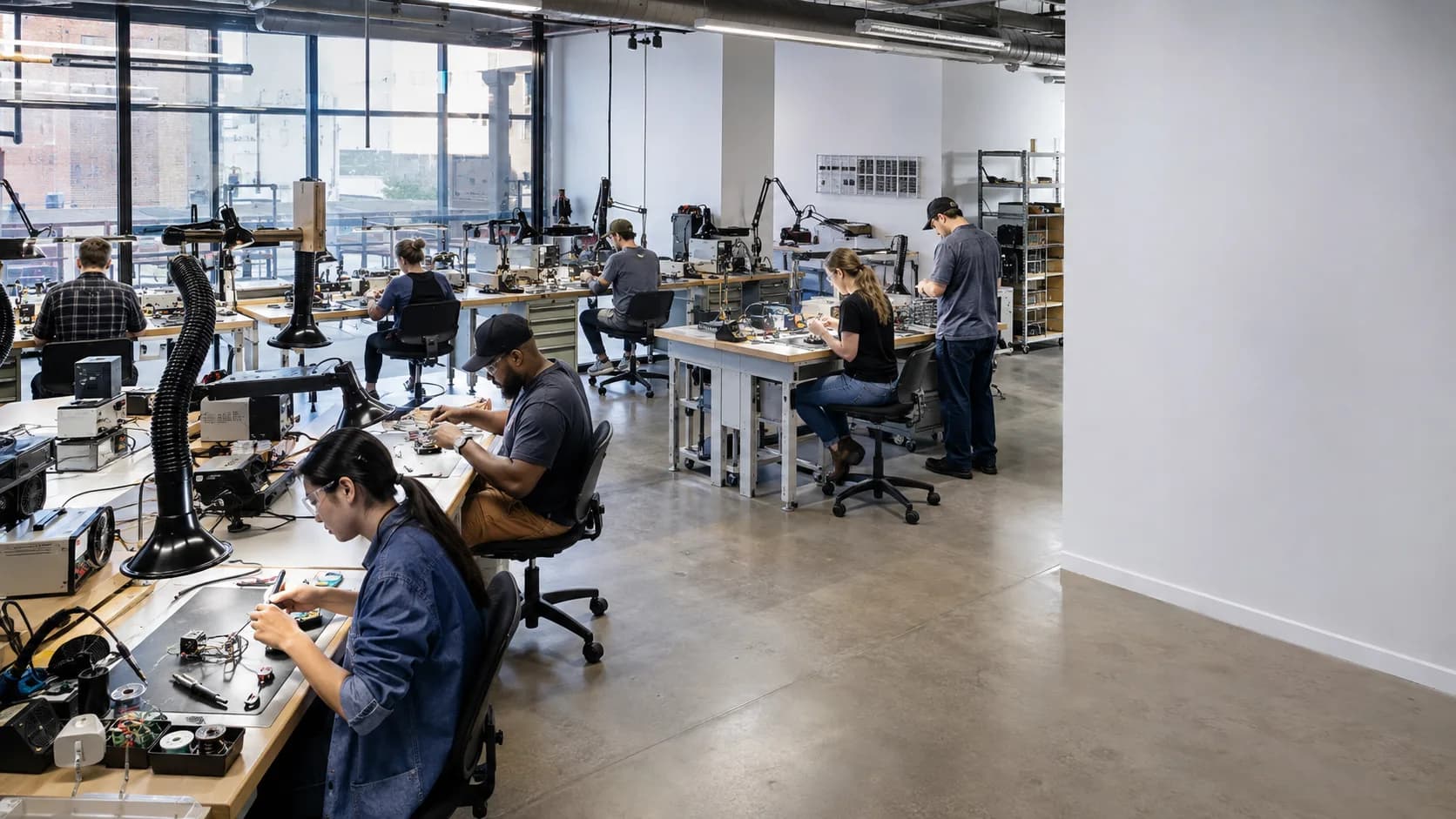 Members use workbenches and machines in a bright US makerspace