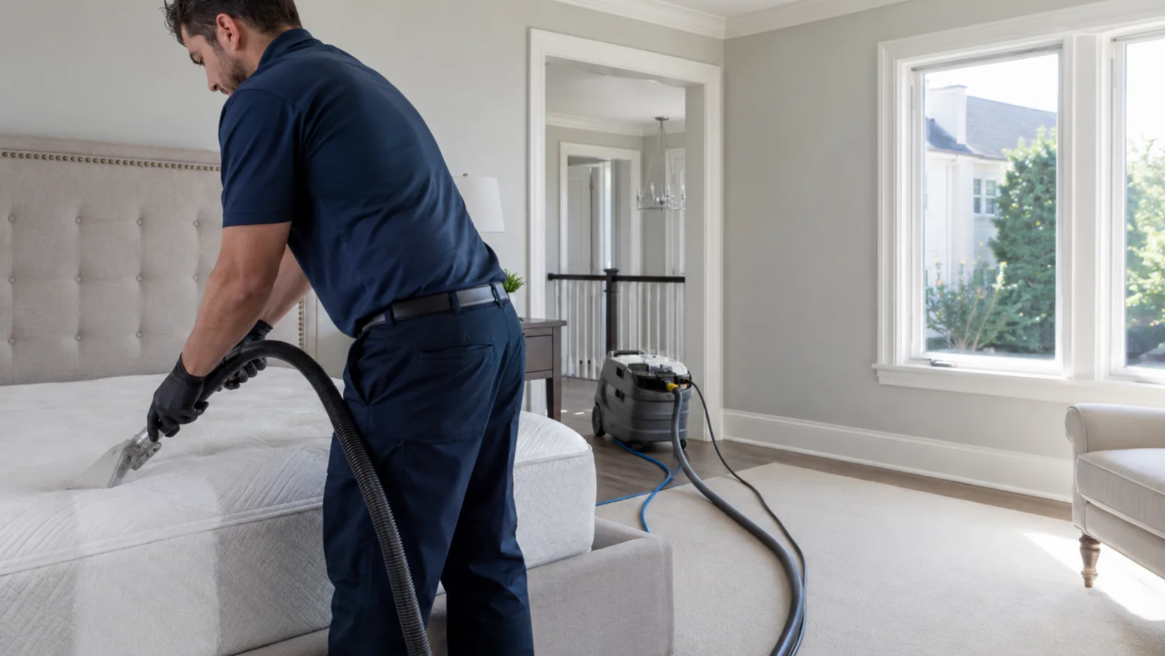 A technician deep-cleaning a mattress in a home in the US