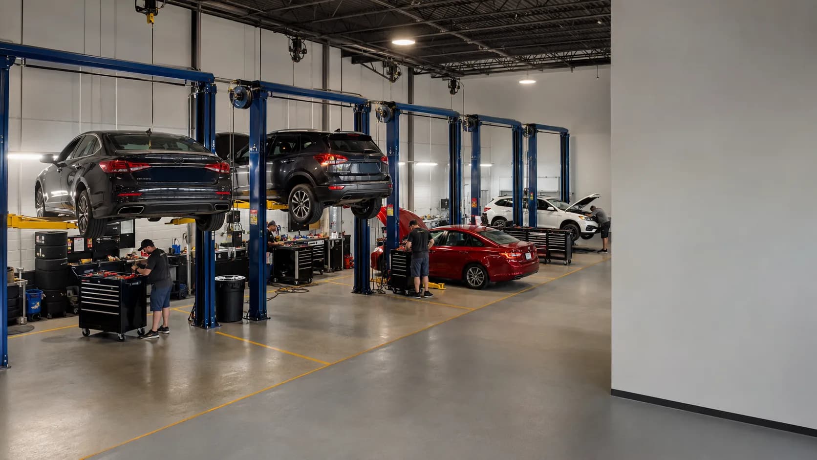 Drivers work across correctly equipped US auto shop lift bays