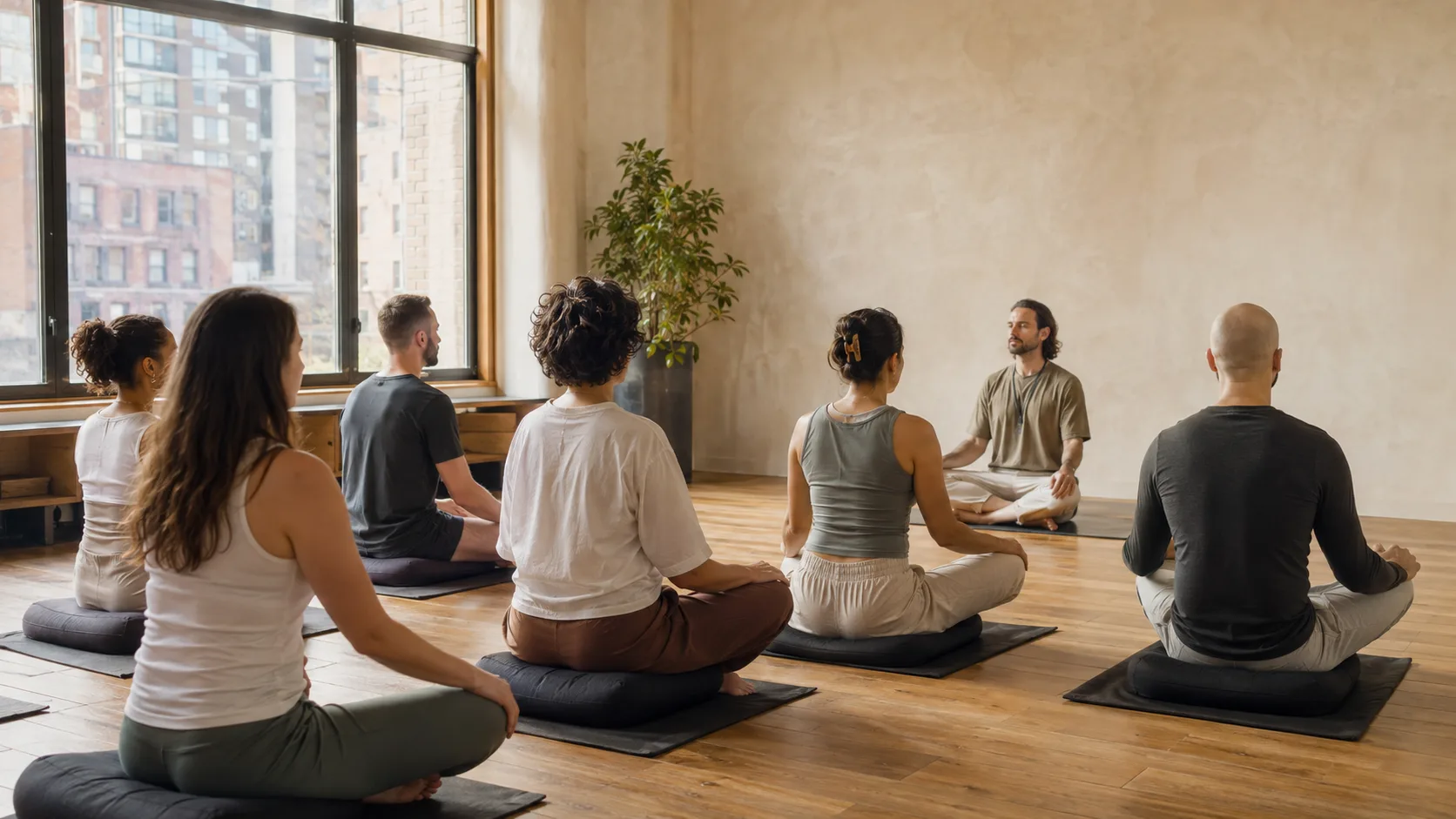 Instructor leading a meditation group in a modern studio in the US