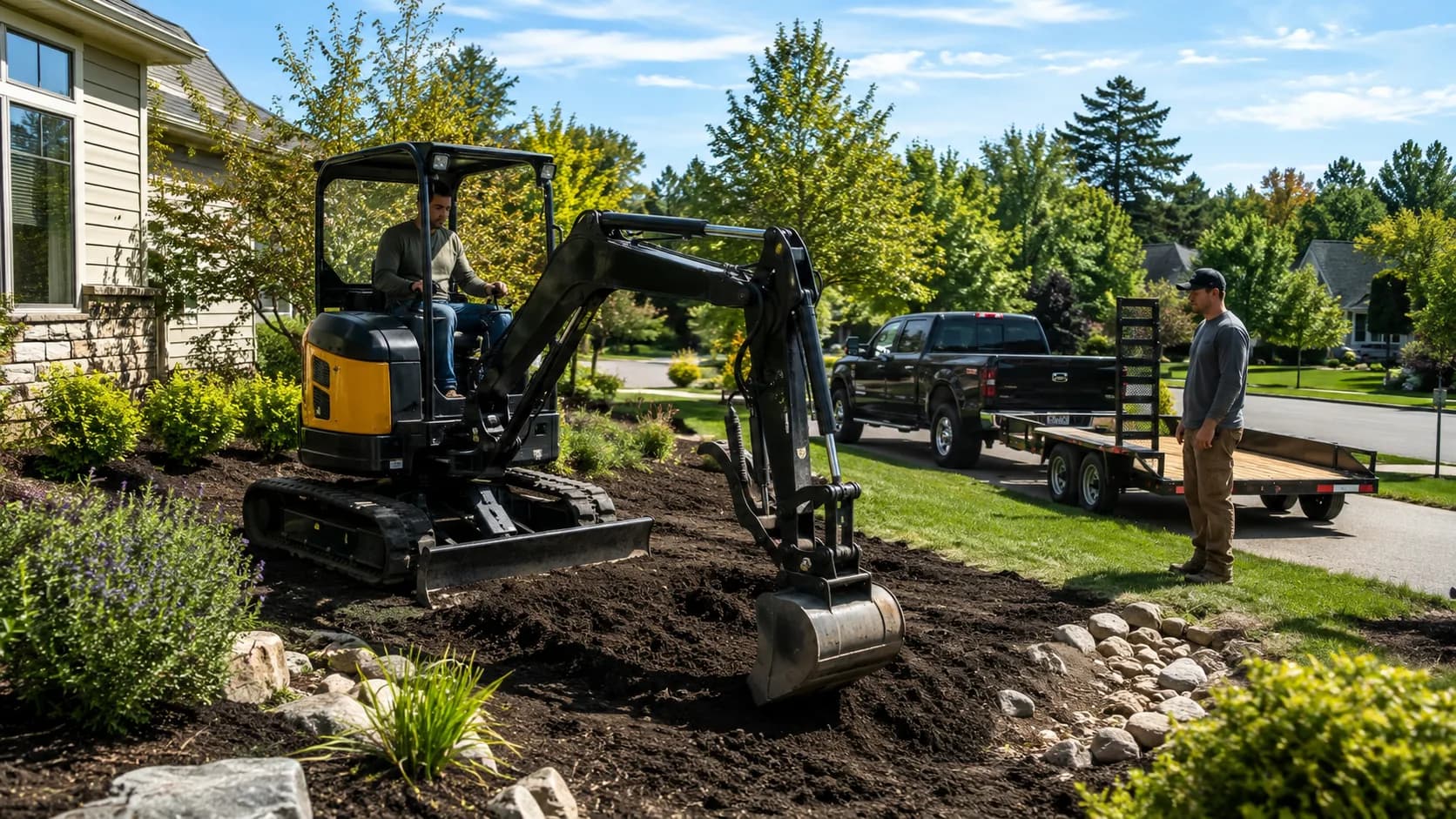 Operator handing over a mini excavator at a landscaping job in the US