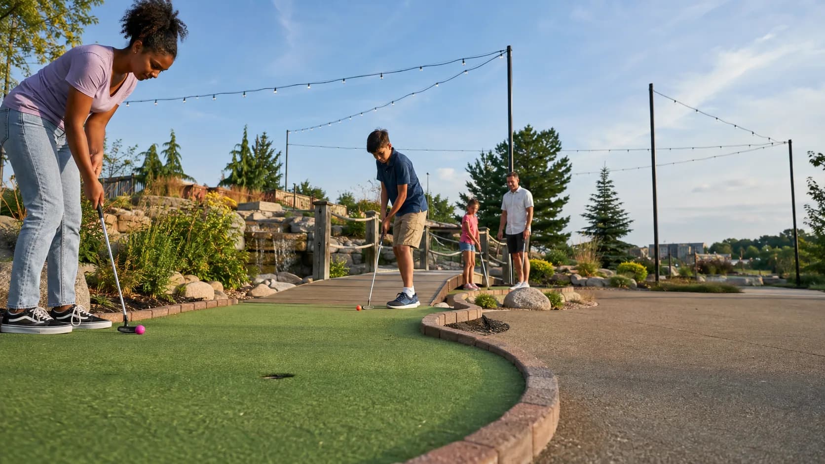 Families play a landscaped mini golf course at a US family entertainment center