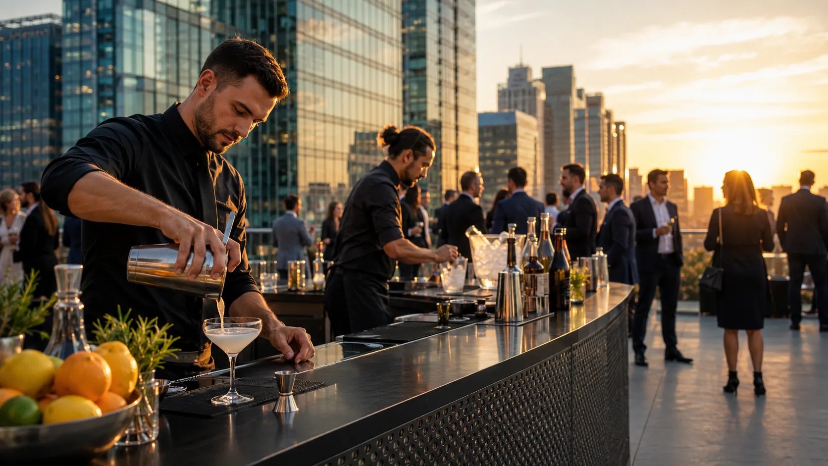 the US mobile bar team serving a large rooftop corporate reception