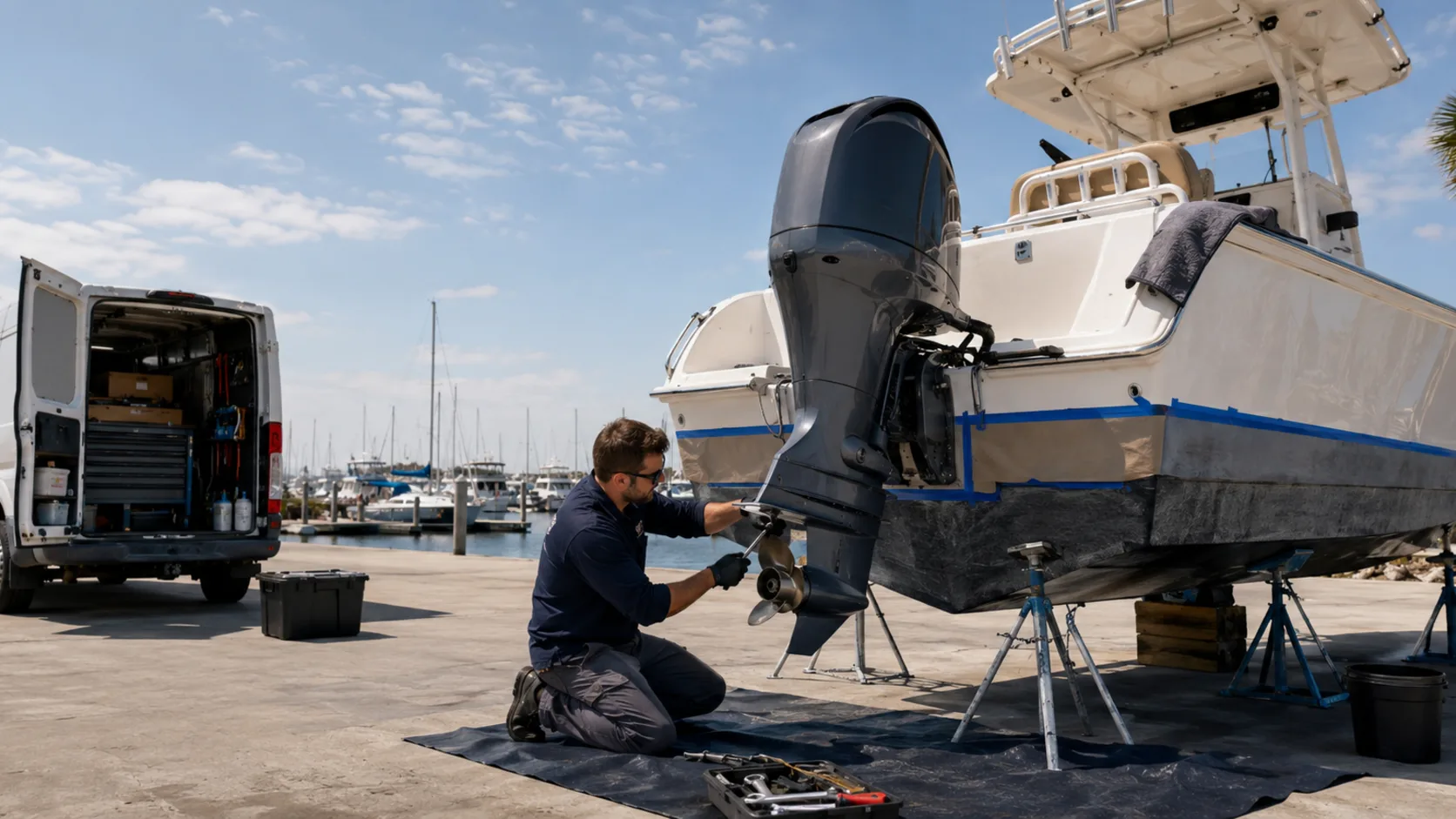 A marine mechanic servicing an engine at a marina berth in the US