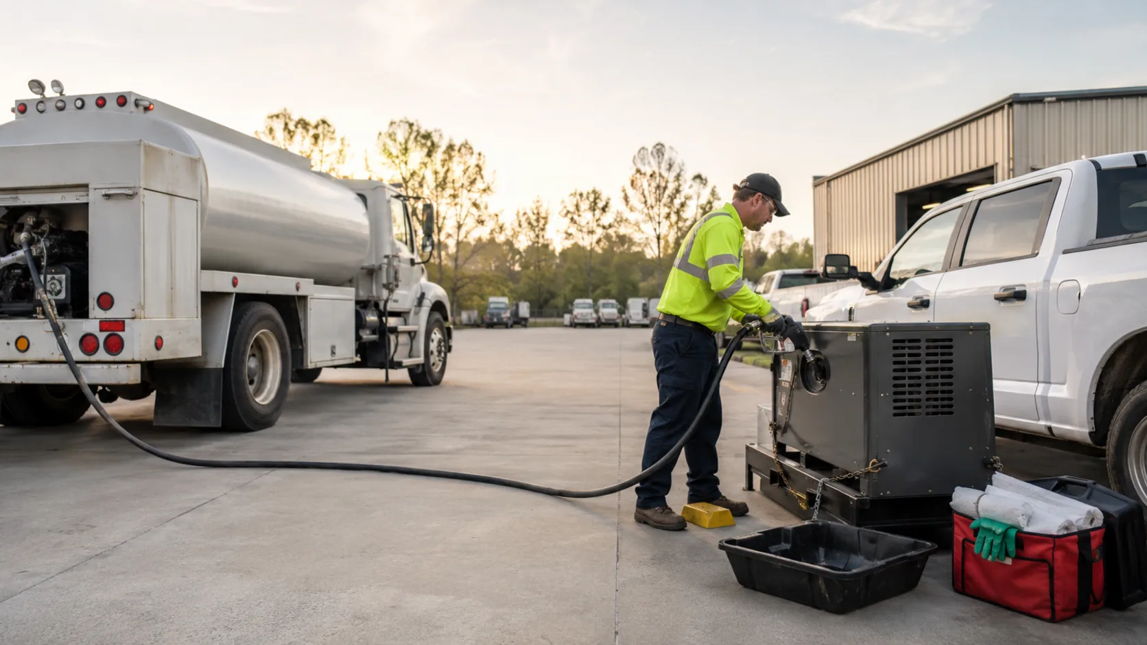 A fuel truck filling a generator beside a pickup at a depot at first light