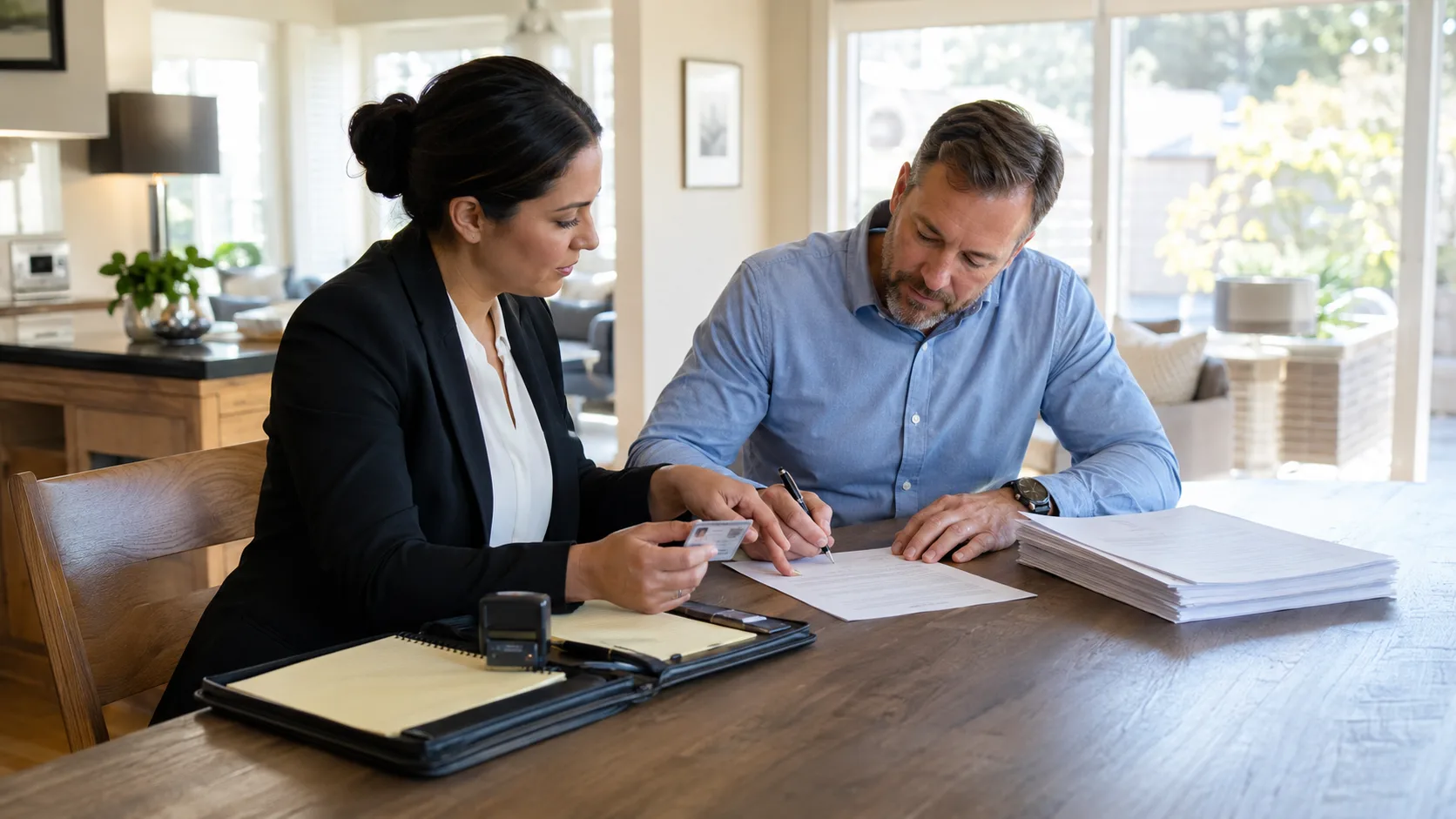 A notary stamps documents across a dining table in an American home