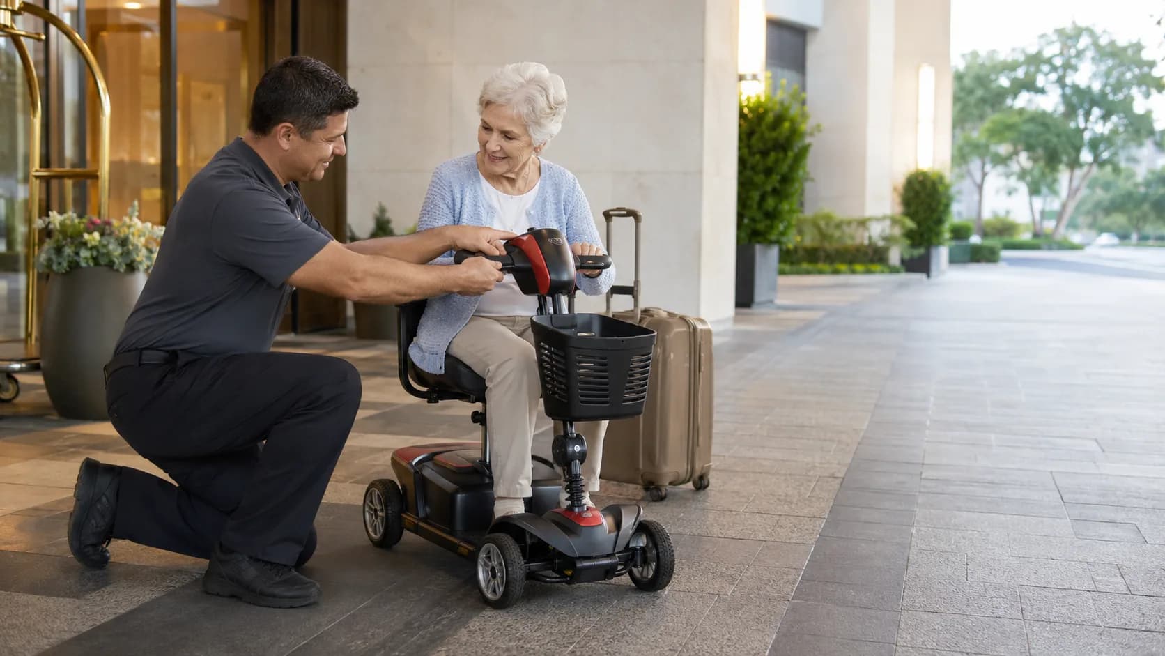 Traveller receiving a mobility scooter at a hotel in the US