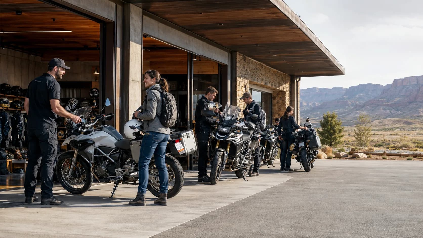 Customers pick up reserved motorcycle model from a busy counter in the US