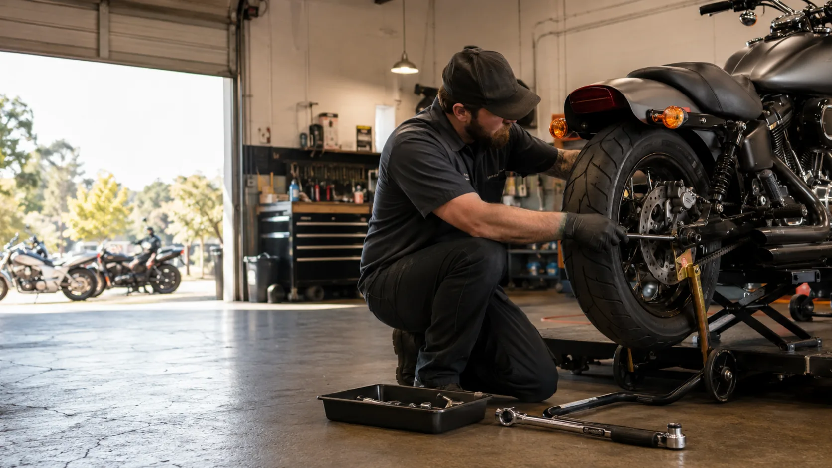 A mechanic working on a motorcycle in a workshop in the US