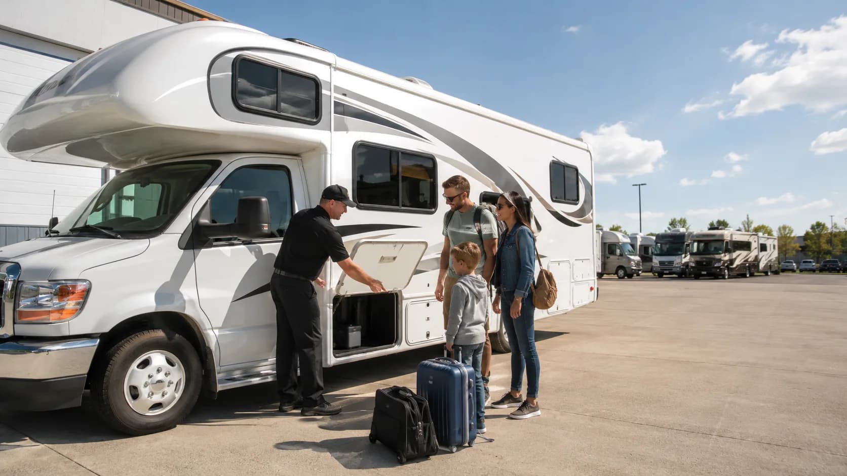 Family loading luggage during an RV handover in the US