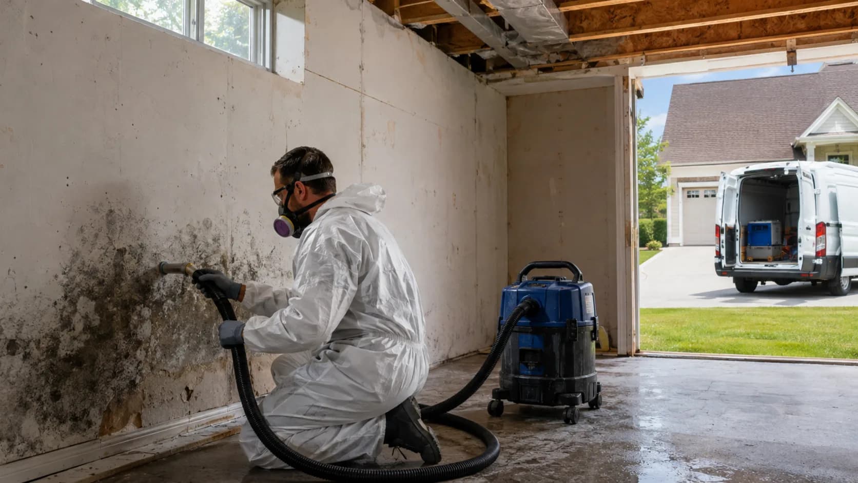 A specialist in protective gear treating a bedroom ceiling in a house in the US