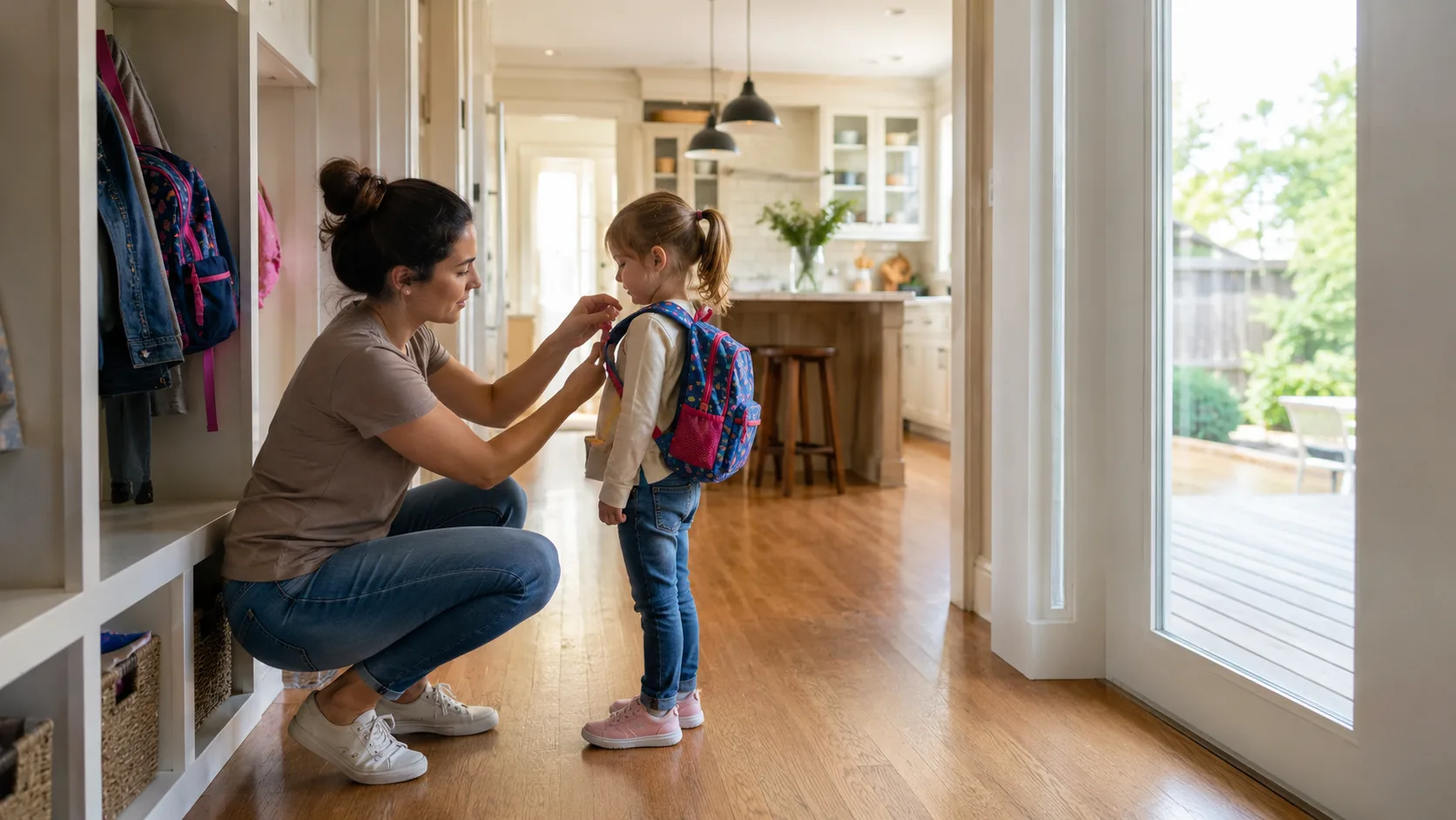 A nanny adjusts a child's backpack in the hallway of an American home