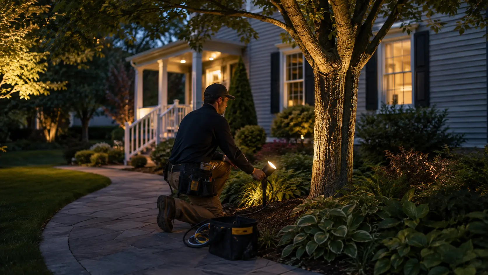 An installer aims an uplight at a tree outside a lit American porch at dusk
