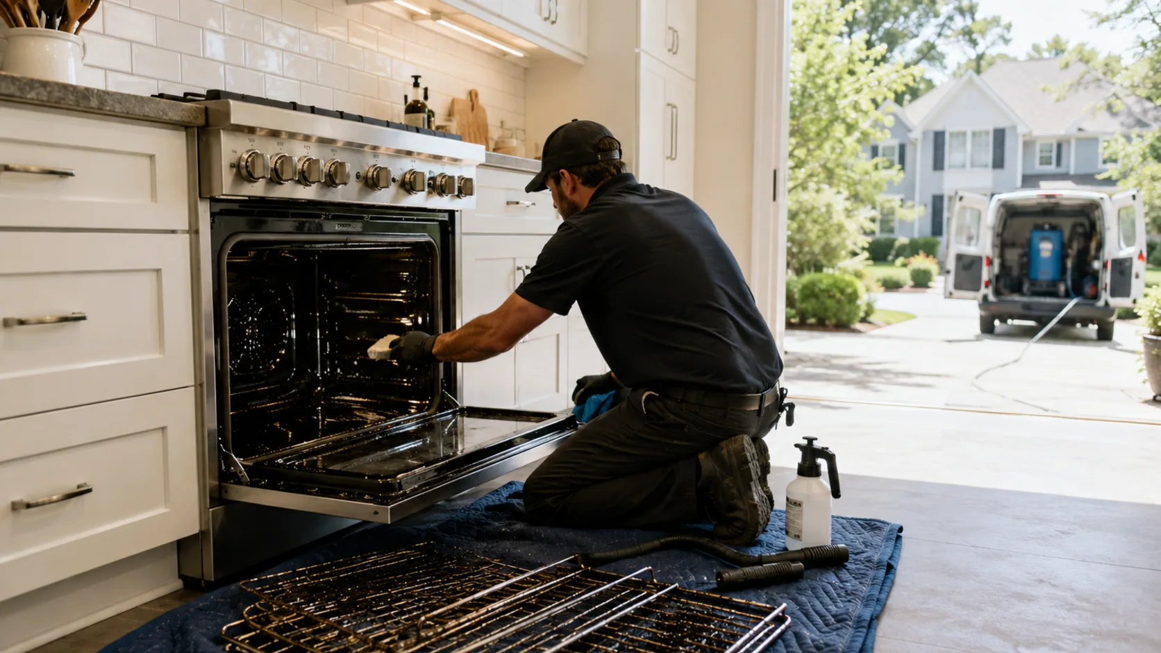 An oven cleaner lifting the racks out of a kitchen oven in the US