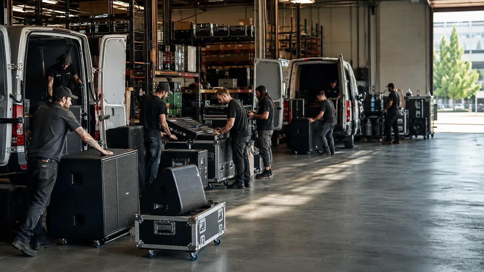 Customers pick up reserved speaker, mixer or microphone kit from a busy counter in the US