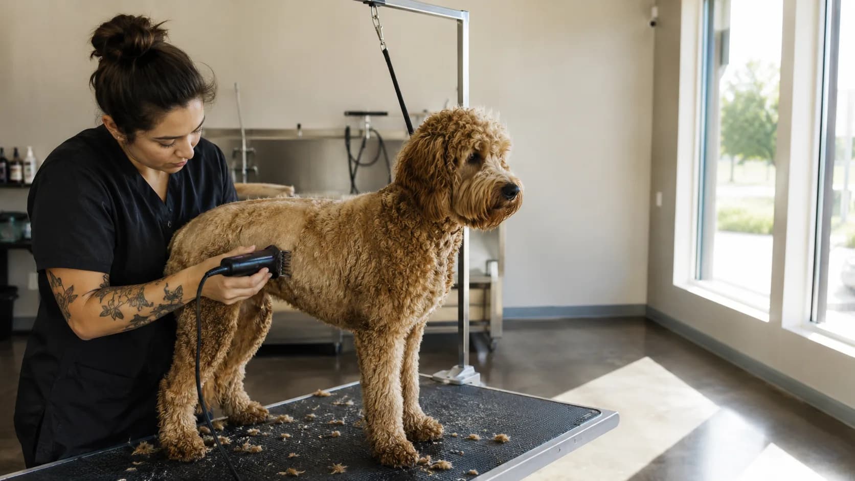 A groomer clips a doodle on a table in an American grooming salon