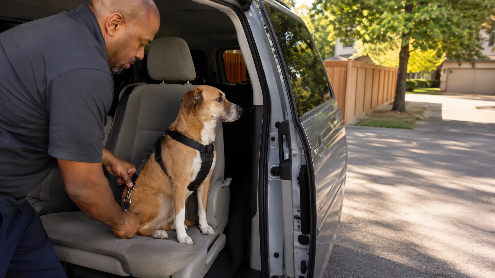 A driver secures a harnessed dog on the back seat of a van in an American street