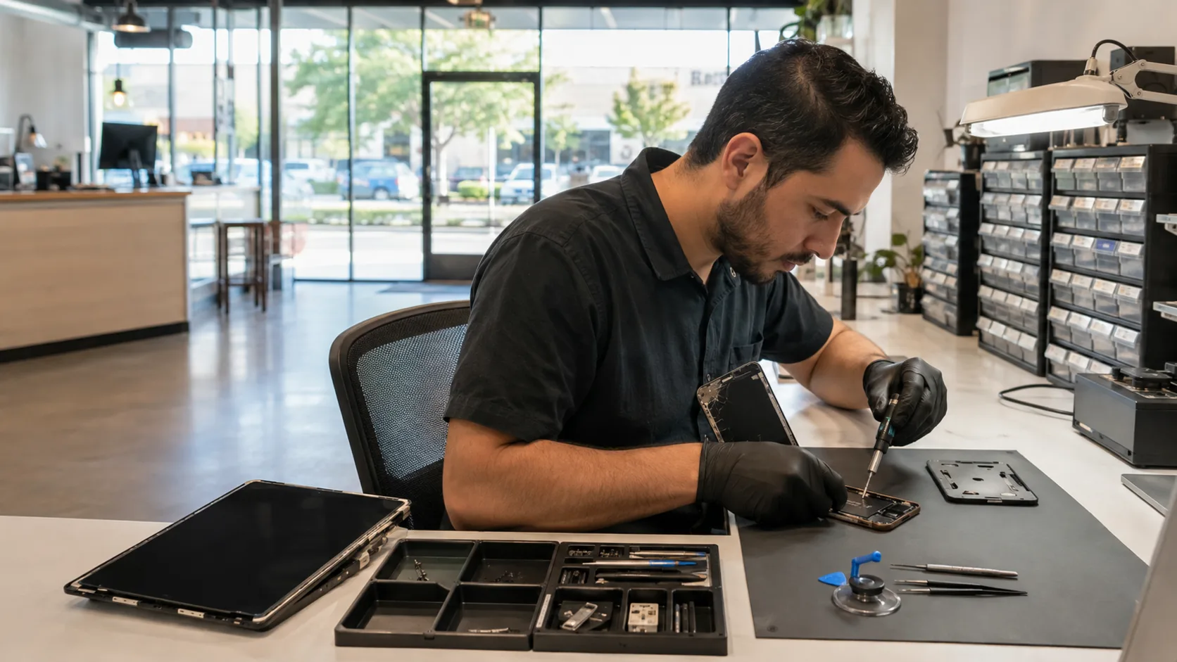 A technician replacing a phone screen at a repair bench in the US