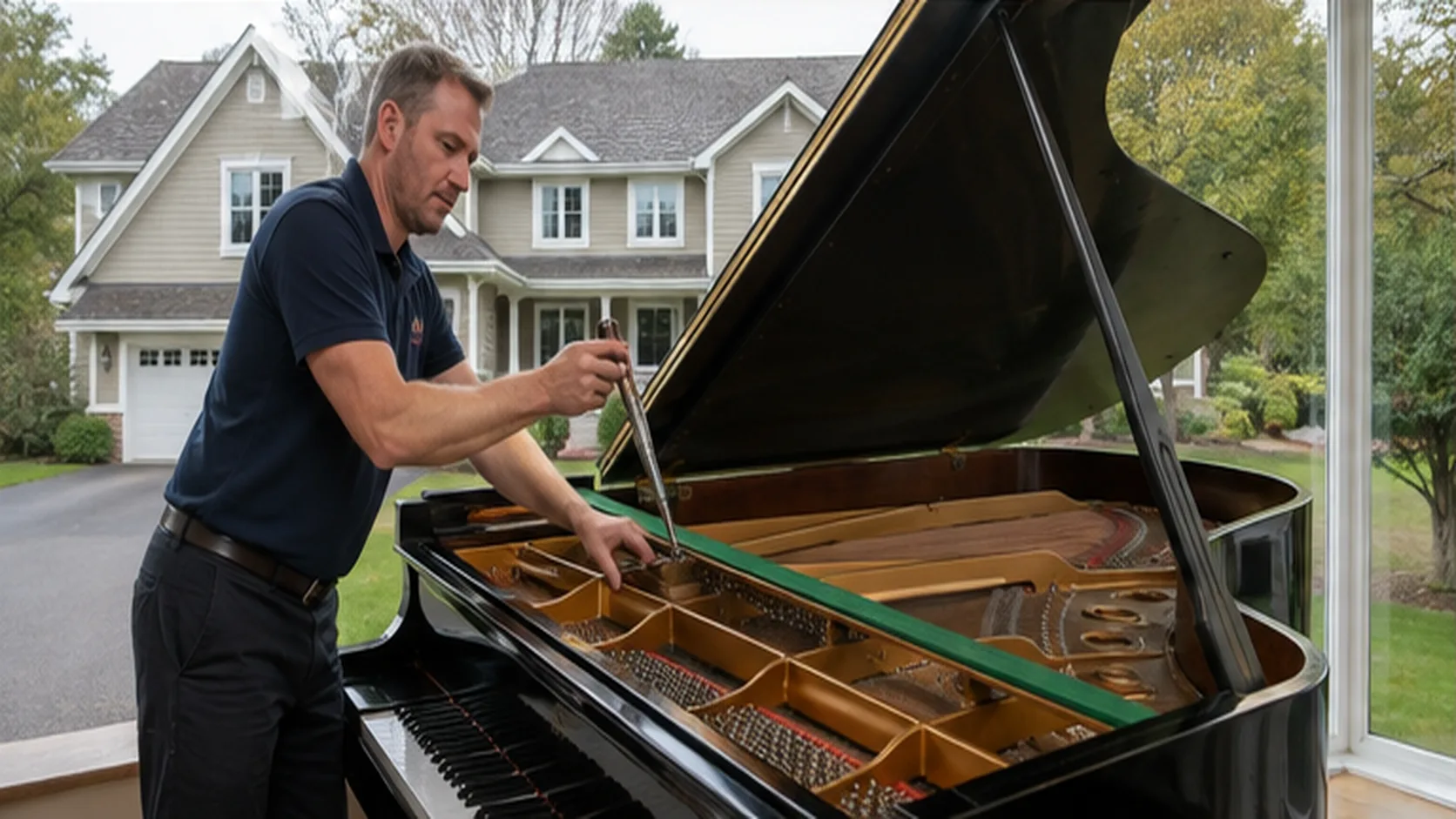 Piano Tuner delivering a booked mobile service for a customer.