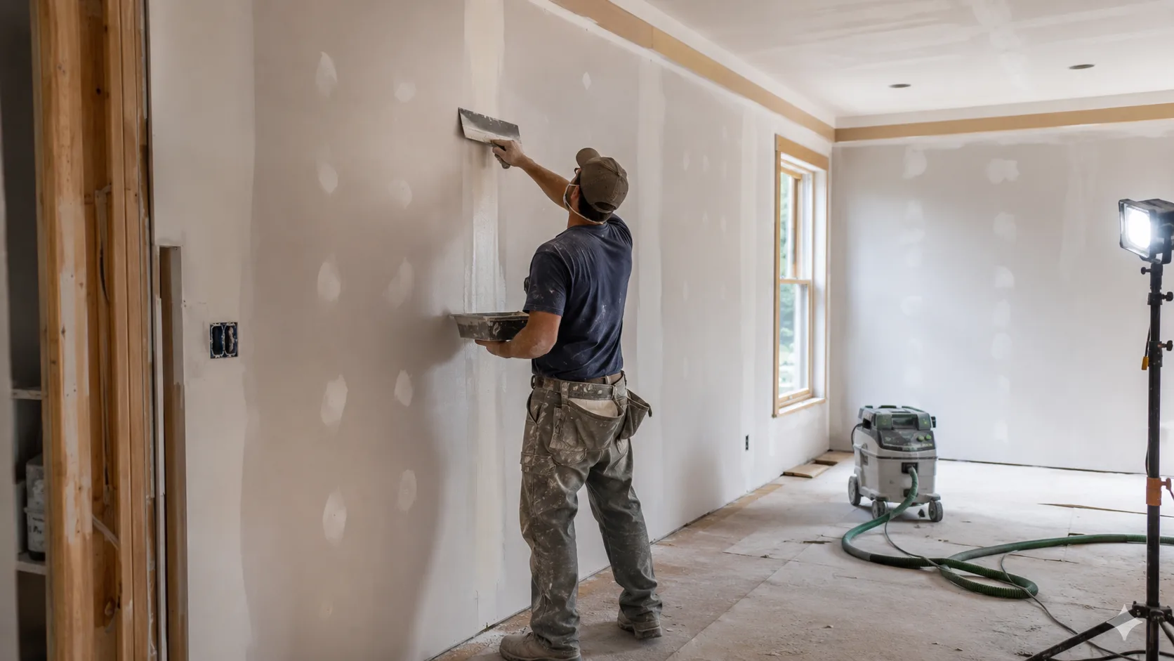 A plasterer skimming a wall inside a house in the US