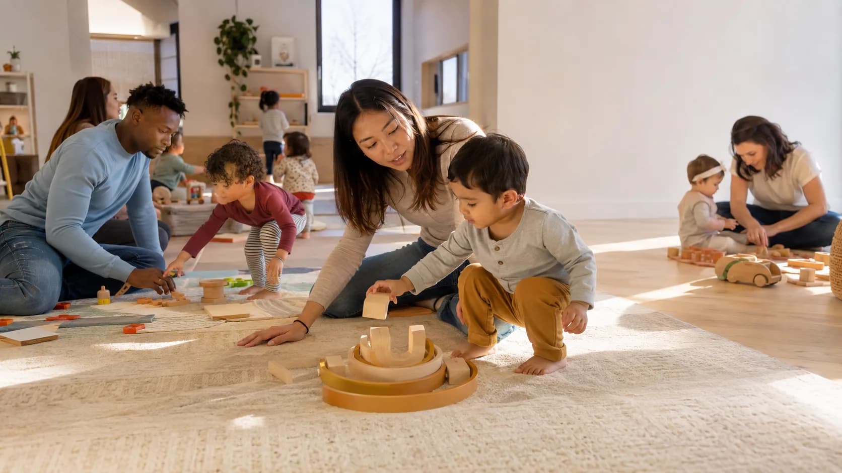 Families joining a parent-and-child play session in a studio in the US