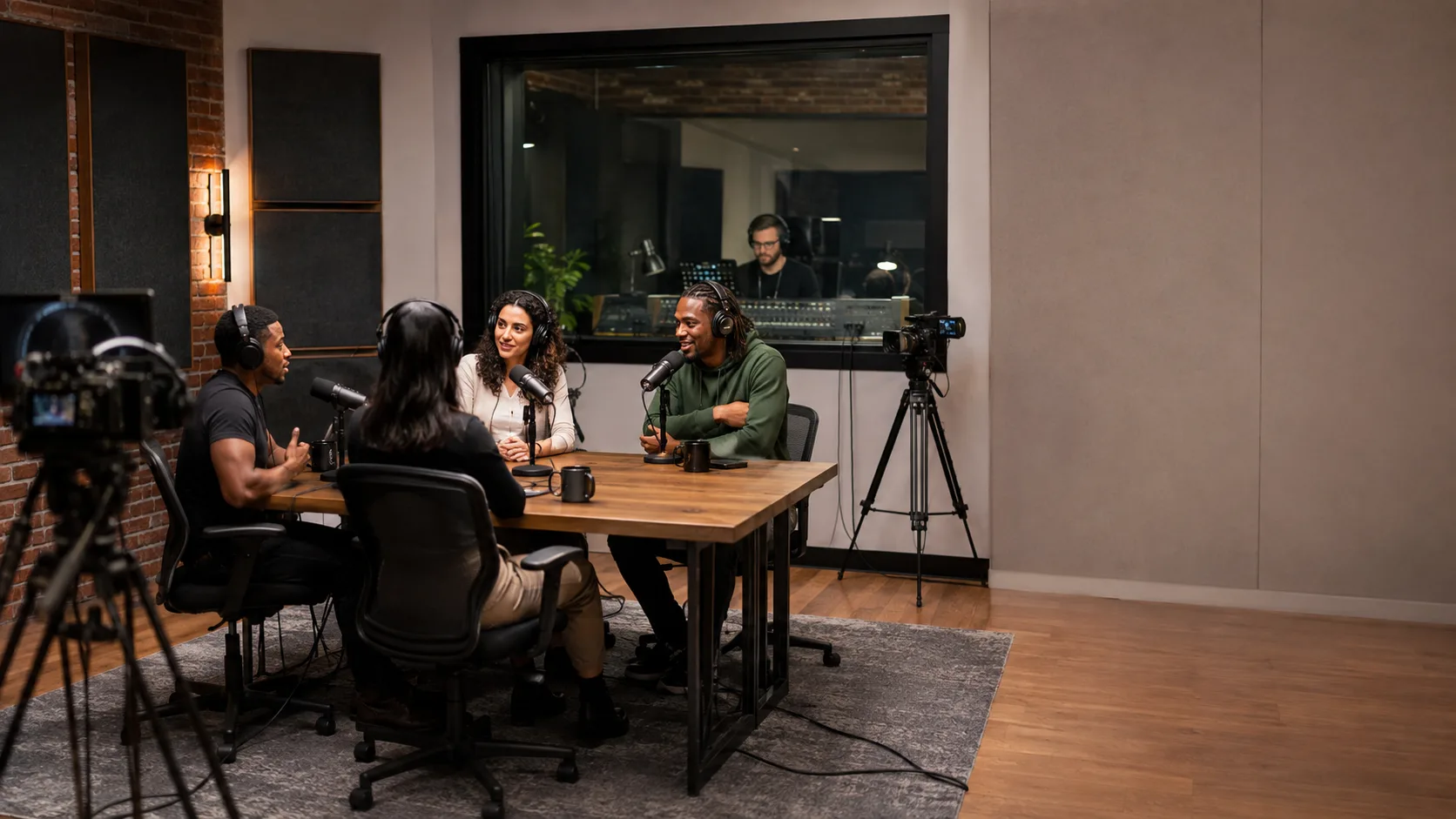 A production team records a video podcast inside a polished US studio