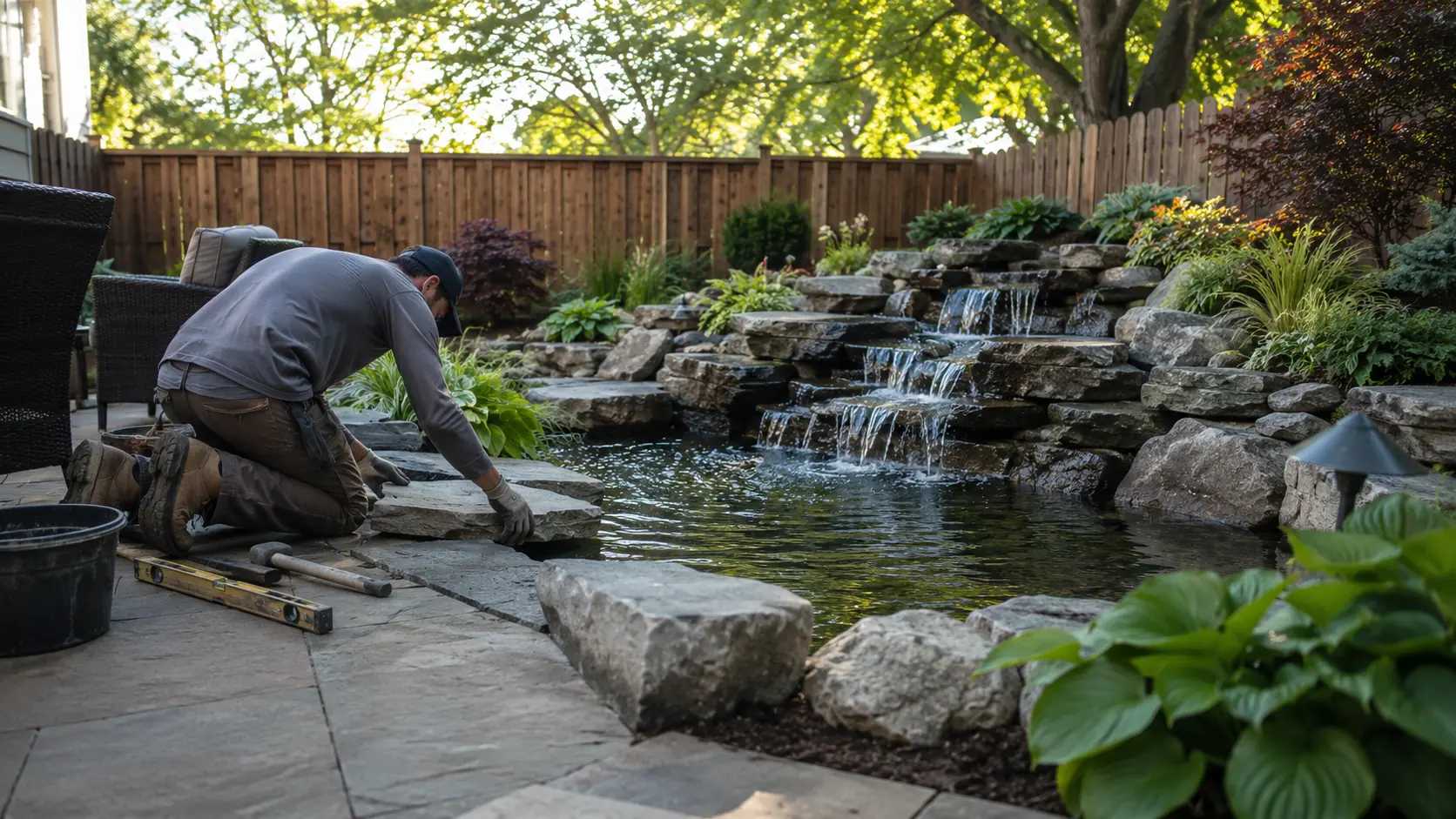 Two workers set stone around a garden waterfall on an American patio