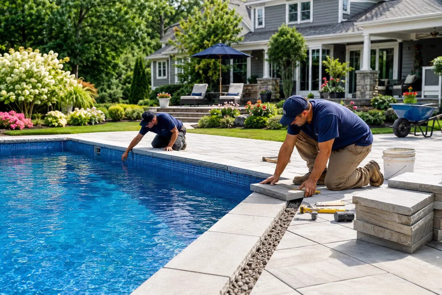 A crew shaping the shell of a new backyard pool in the US
