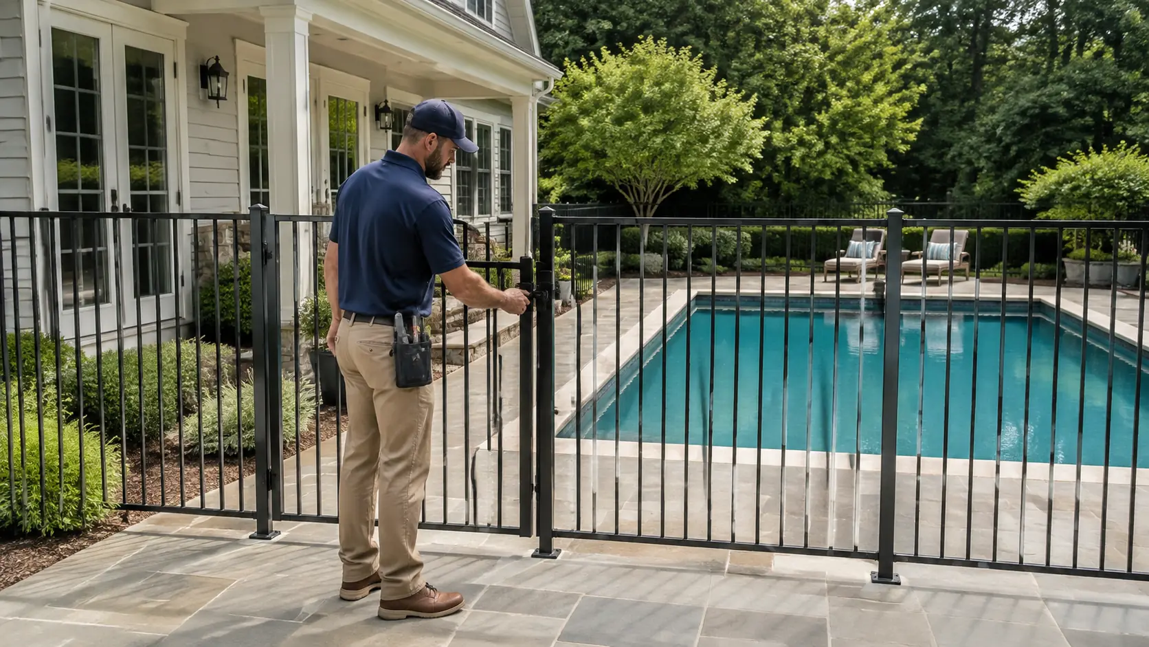 An installer tests a pool gate latch outside a white American house