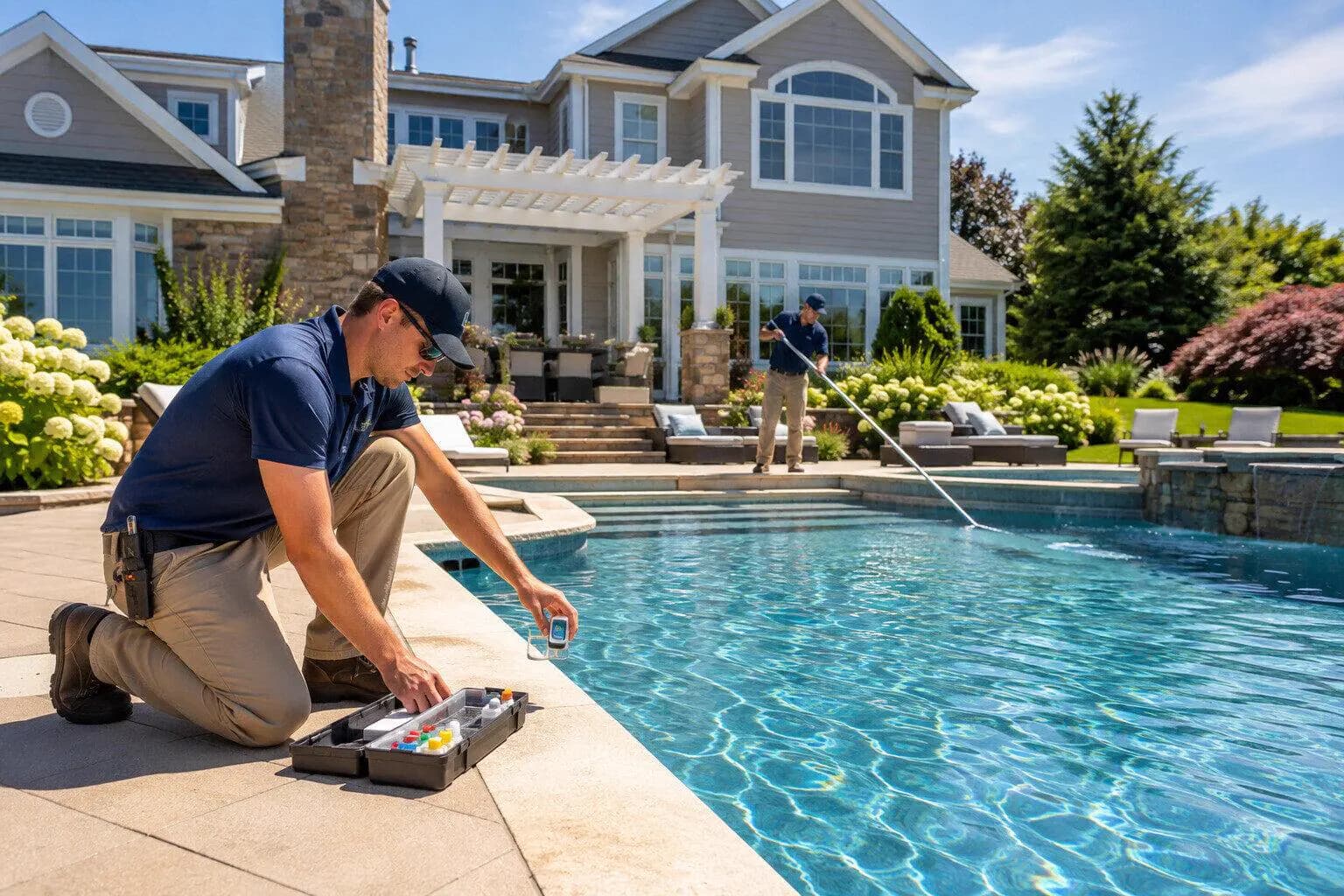 A pool technician servicing a backyard pool in the US