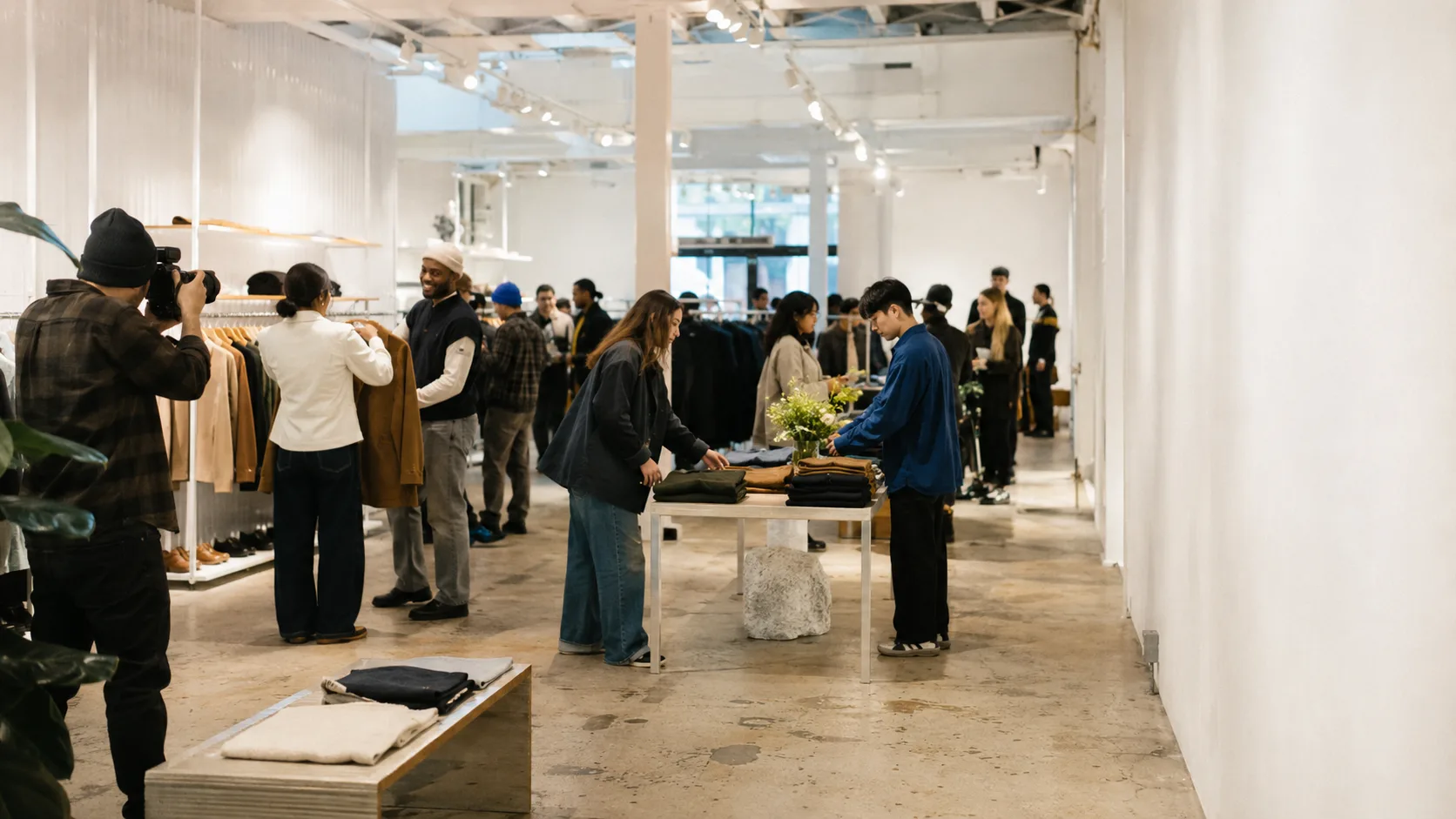 Staff prepare an active pop-up shop as customers begin arriving