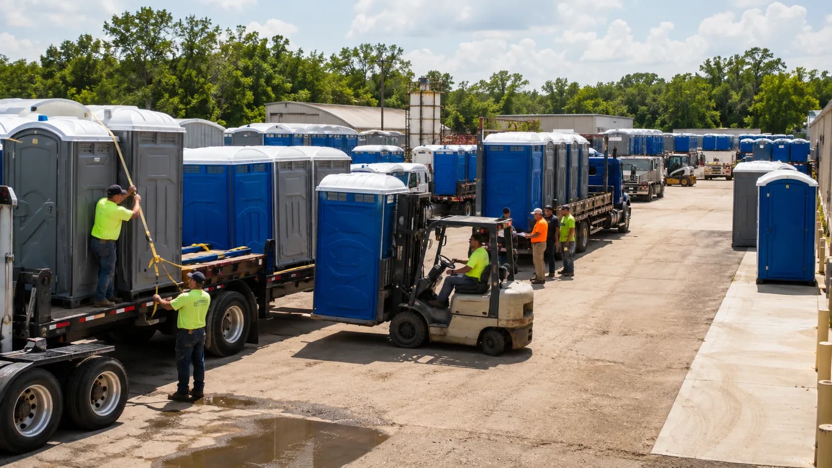 Customers pick up reserved portable restroom unit model from a busy counter in the US