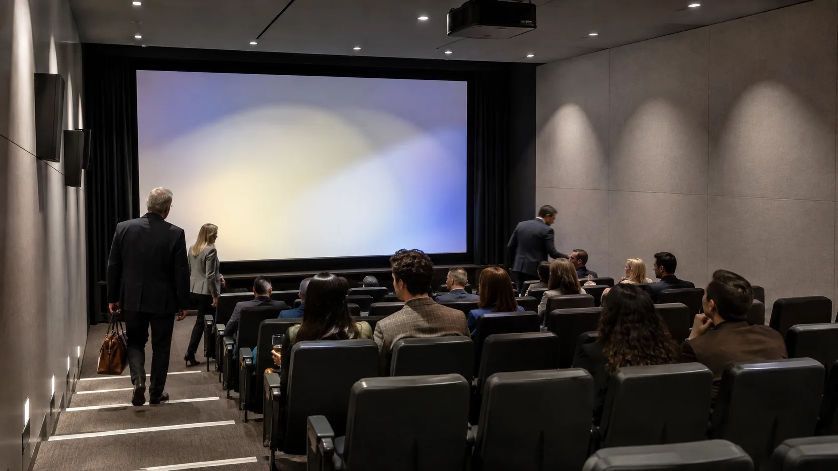 A host prepares a modern private movie theater for a birthday group
