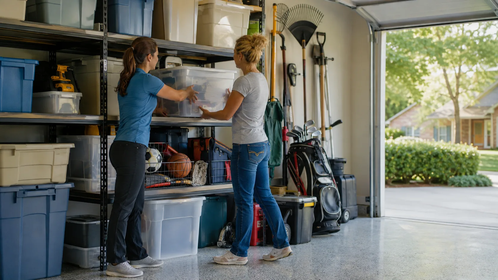 Two women sort labelled bins on shelves in an American garage