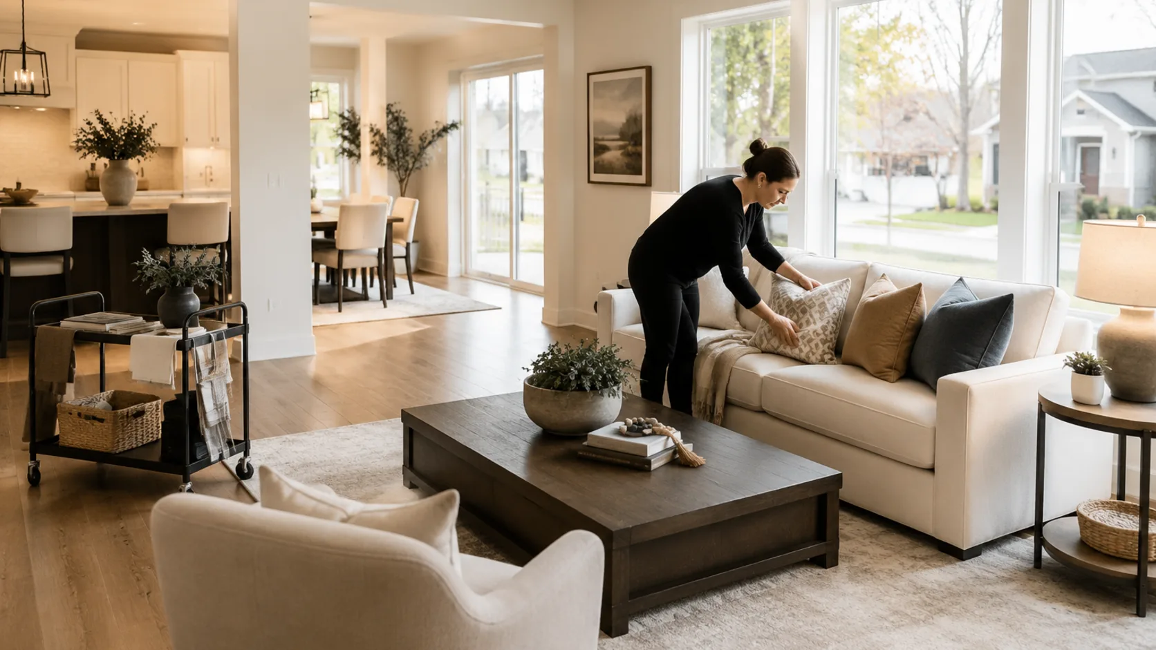 A stylist dressing an empty living room for sale in the US